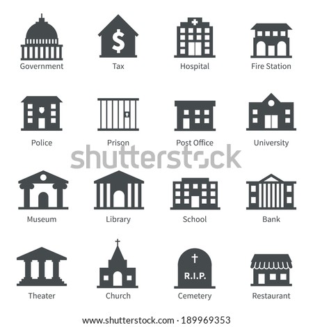 Government building icons set of police museum library theater isolated vector illustration