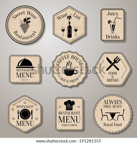 Restaurant menu food and drinks  wine list labels set isolated vector illustration