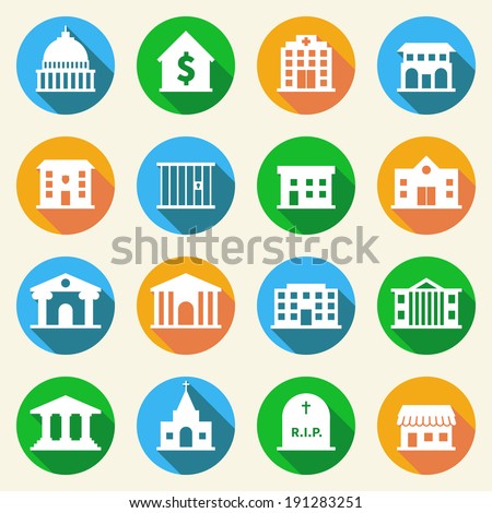 Government building flat icons set of police museum library theater isolated vector illustration