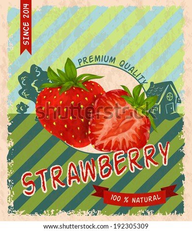 Natural fresh organic sweet garden strawberry premium quality retro poster vector illustration