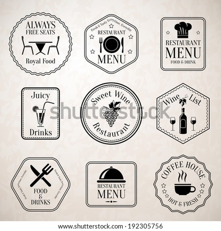 Restaurant menu food and drinks wine list black labels set with serving elements isolated vector illustration