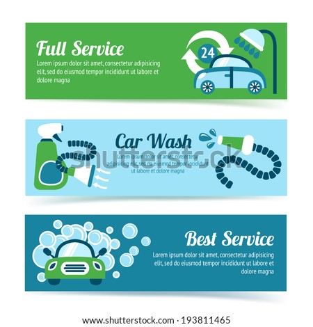Car wash auto cleaner washer shower service banners set isolated vector illustration