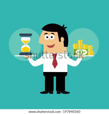 Business life employee with hourglass and coins in time is money concept  illustration