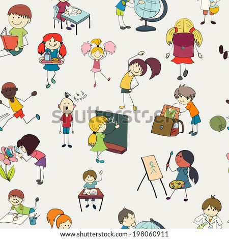 School girls and boys studying chemistry botany and gym activities colorful doodle sketch seamless pattern  illustration