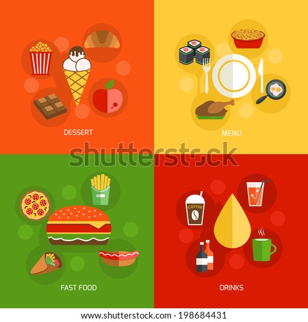 Fast food dessert menu drinks icons flat composition isolated vector illustration