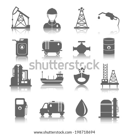 Oil Industry Gasoline Processing Symbols Icons Set With Tanker Truck 