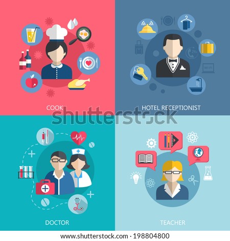 People professions concept flat icons set of cook doctor hotel receptionist and school teacher jobs for infographics design web elements vector illustration