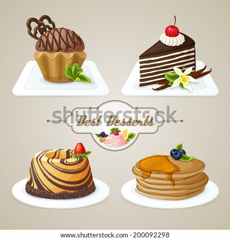 Decorative sweets food dessert set of muffin pan layered cake brioche vector illustration
