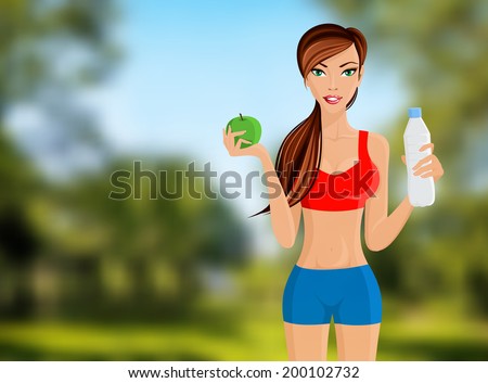 Young slim sport fitness girl with apple and water bottle portrait on outdoor background vector illustration