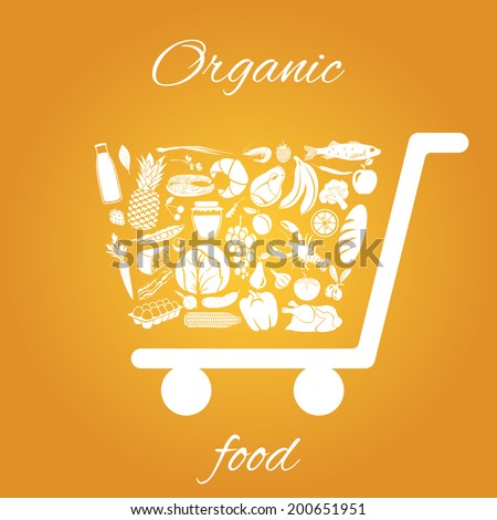Shopping cart made of fruits vegetables meat and grocery healthy organic food concept vector illustration Shopping cart made of fruits vegetables meat and grocery healthy organic food concept vector illustration