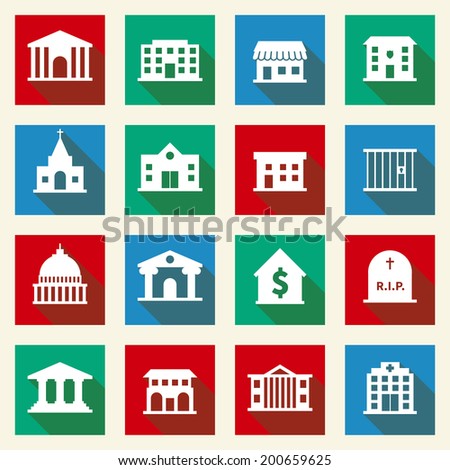 Government building icons set of library school bank isolated vector illustration