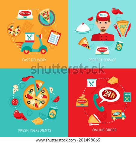 Fast food pizza delivery perfect service fresh ingredients online order decorative icons set isolated vector illustration