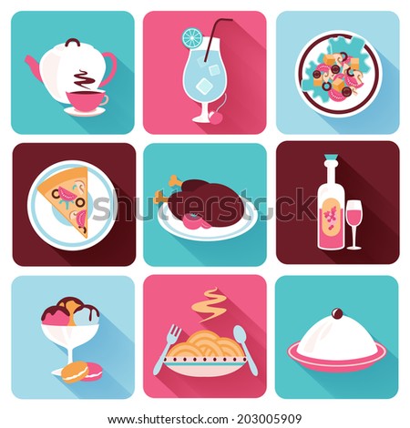 Restaurant food drink menu dishes decorative icons flat set isolated vector illustration