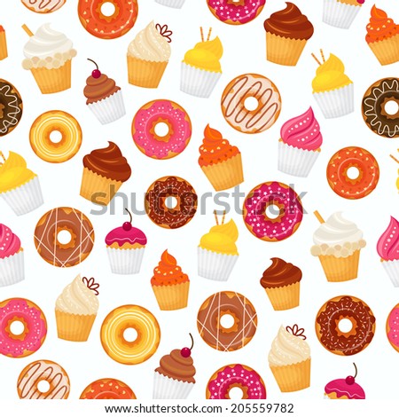 Sweet and tasty food dessert donut and cupcakes seamless pattern vector illustration