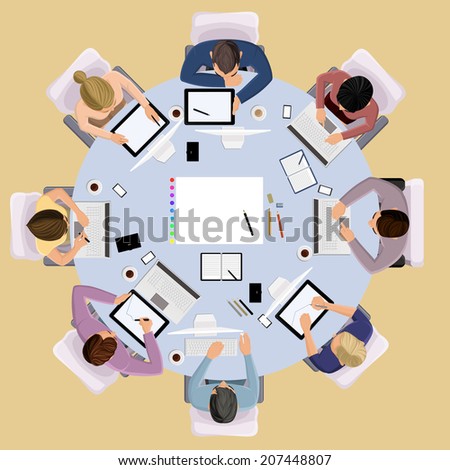 Top view concept of business meeting brainstorming professional people on the table vector illustration