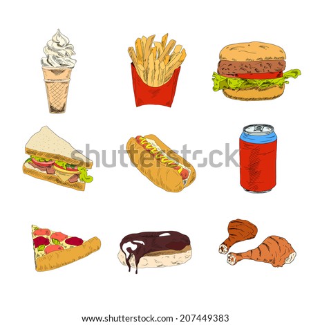 Set of sketch doodles hamburger hot dog fast food pizza icons in color vector illustration