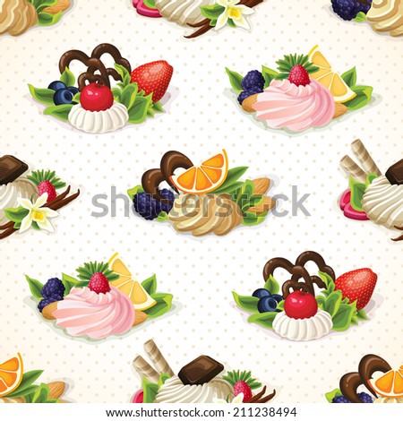 Decorative sweets dessert food seamless pattern with fruit nut and vanilla cream vector illustration