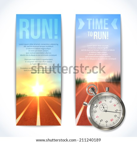 Realistic metallic stopwatch time to run sport vertical banners set isolated vector illustration Realistic metallic stopwatch time to run sport vertical banners set isolated vector illustration