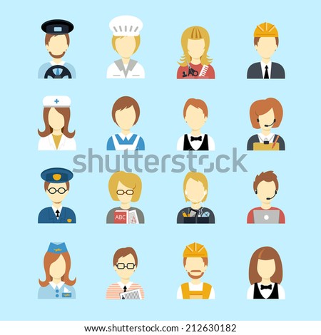 Set of occupations profession peoples avatar in flat color style vector illustration