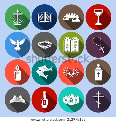 Christianity traditional religious symbols flat icons set with cross bible goblet isolated vector illustration