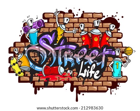 Decorative urban world youth street life graffiti art spraycan characters and drippy blotchy letters composition vector illustration