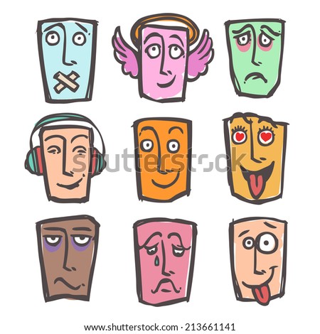 Sketch emoticons face expressions and emotions colored icons set of happy horny tired man isolated vector illustration