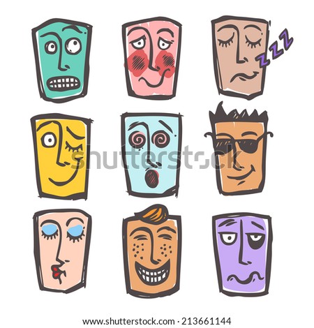 Sketch emoticons face expressions and emotions colored icons set of cool scared laughing man isolated vector illustration
