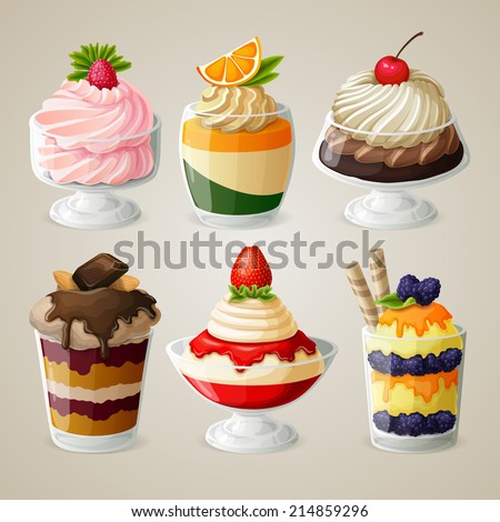 Decorative sweets food ice cream in glass desserts with sugar syrup fruits vector illustration