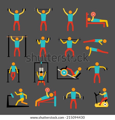 Workout sport and fitness training icons set of athletic healthy man isolated vector illustration