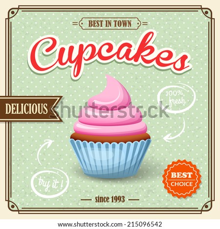 Sweet food dessert cupcake on cafe retro paper poster vector illustration