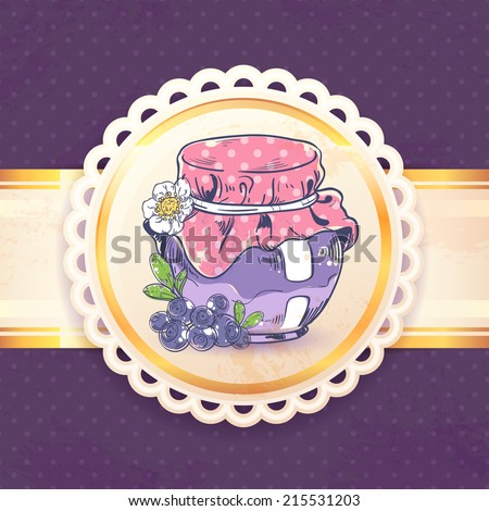 Homemade blueberry jam can retro background with paper badge vector illustration
