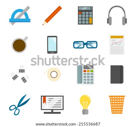 Business office desk icons set of computer coffee cup and stationery isolated vector illustration