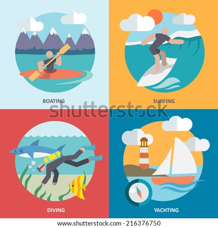 Water sports boating surfing diving yachting flat icons set isolated vector illustration