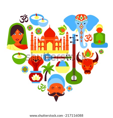 India travel culture religion symbols in heart shape vector illustration