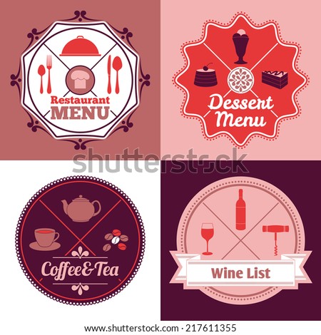 Restaurant menu food and drinks wine list labels set isolated vector illustration