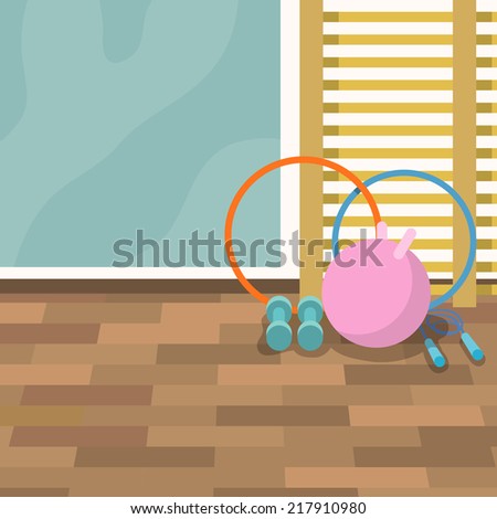 Sport gym interior with mirror and fitness equipment background vector illustration.