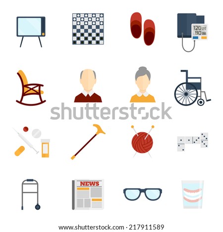 Pensioners life old man care icons flat set isolated vector illustration Pensioners life old man care icons flat set isolated vector illustration