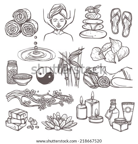 Spa therapy beauty health care alternative medicine sketch icons set isolated vector illustration