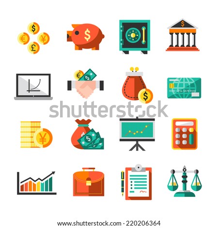 Finance banking business money exchange icons set with briefcase scales chart isolated vector illustration