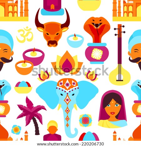 India travel culture religion symbols seamless pattern vector illustration