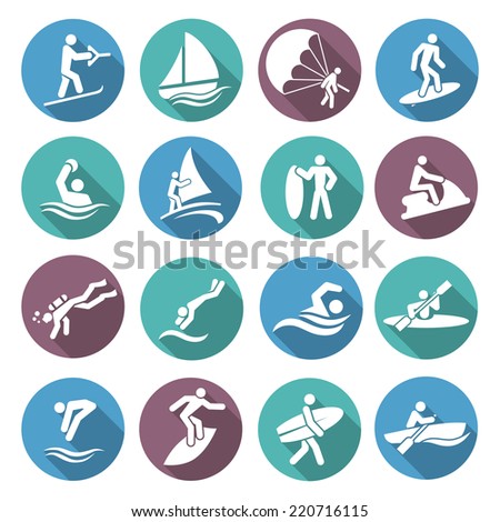 Water sports white icons set with diving sailing windsurfing people isolated vector illustration
