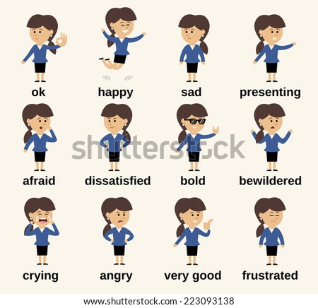 Business woman cartoon character happy and sad emotions set isolated vector illustration