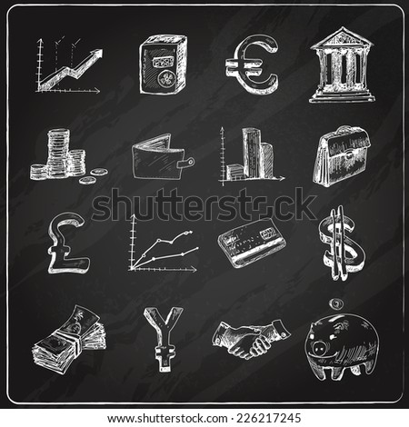 Finance banking business money exchange market trading chalkboard icons set isolated vector illustration