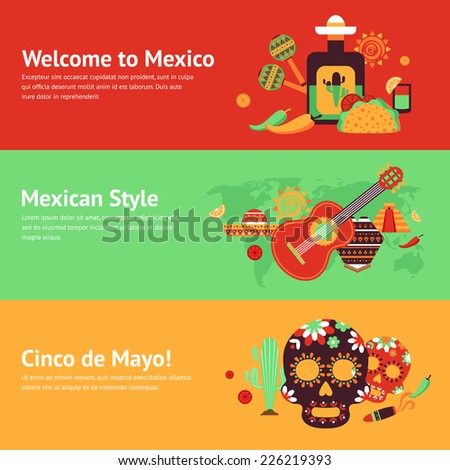 Mexico style travel music and food symbols banner set isolated vector illustration