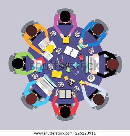Business team brainstorming teamwork concept top view group people on round table vector illustration