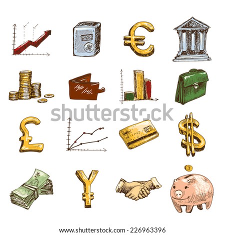 Finance banking business money exchange sketch colored icons set isolated vector illustration