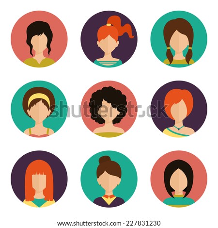 Women avatar female human faces social network icons set isolated vector illustration Women avatar female human faces social network icons set isolated vector illustration