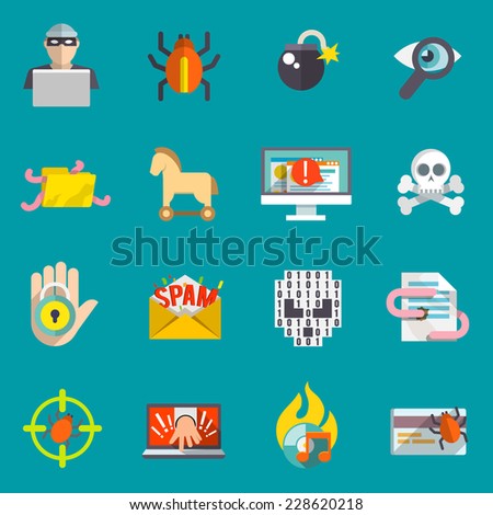Hacker activity computer and e-mail spam viruses bank account hacking flat icons set isolated vector illustration Hacker activity computer and e-mail spam viruses bank account hacking flat icons set isolated vector illustration