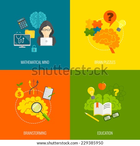 Brain icons flat set with mathematical mind puzzle brainstorming education isolated vector illustration Brain icons flat set with mathematical mind puzzle brainstorming education isolated vector illustration