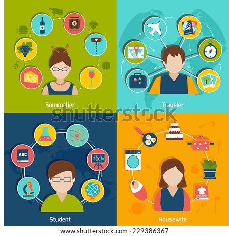 People professions flat icons set with sommelier traveler student housewife isolated vector illustration